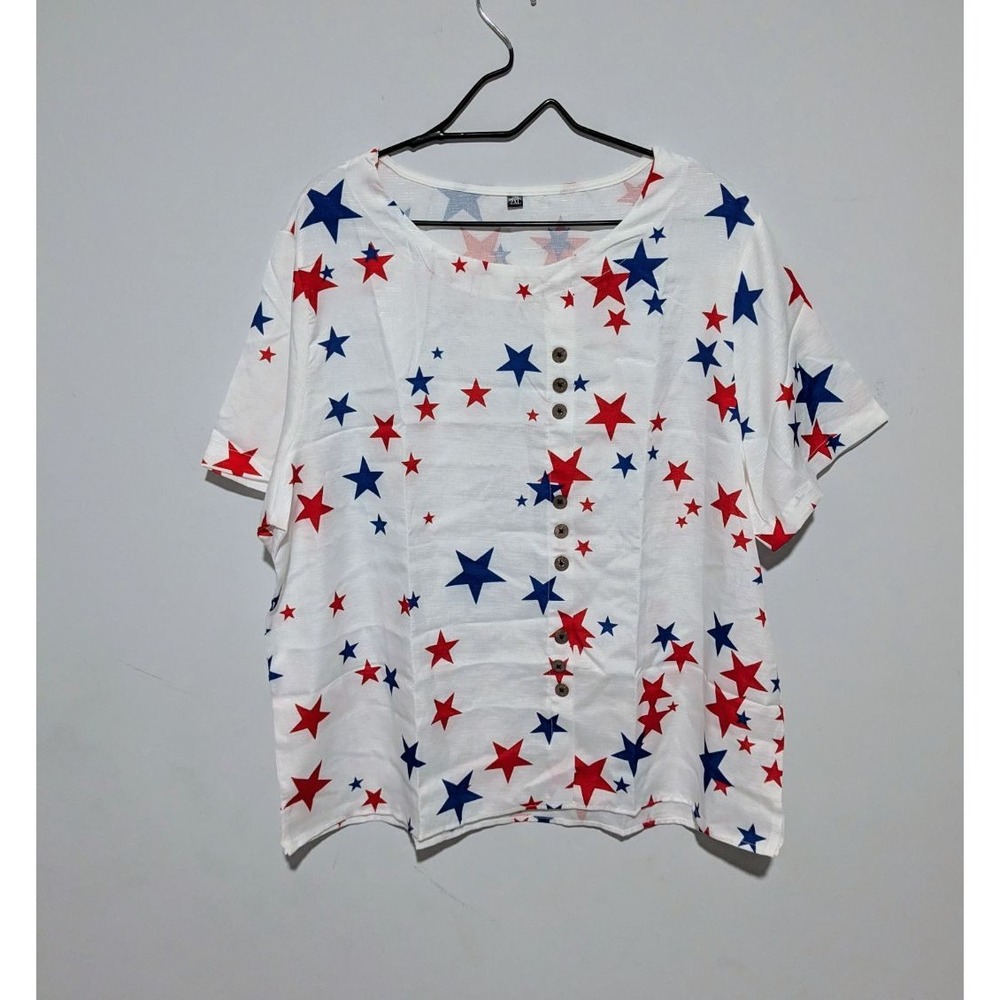 White Top Red & Blue Stars Button Up Short Sleeve Patriotic Blouse 2XL
